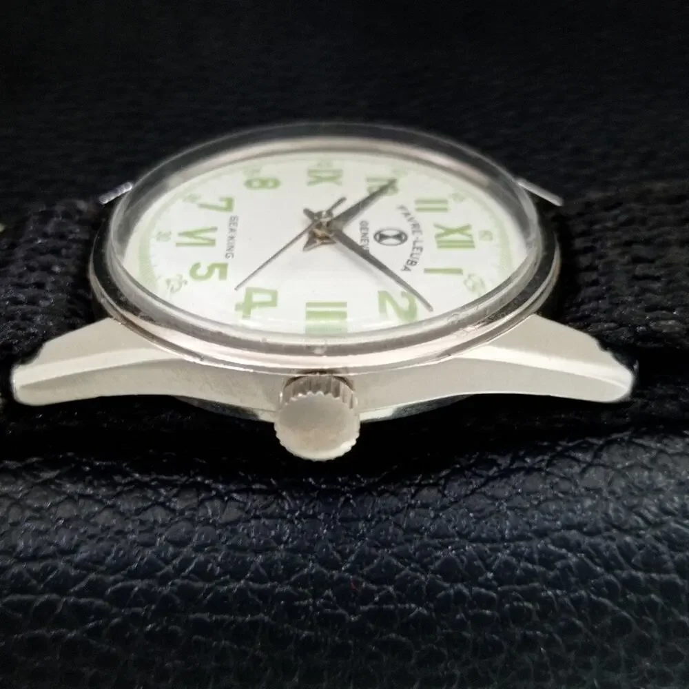 Vintage 1972 Favre Leuba Manual Mens Silver Watch W/Black Strap
